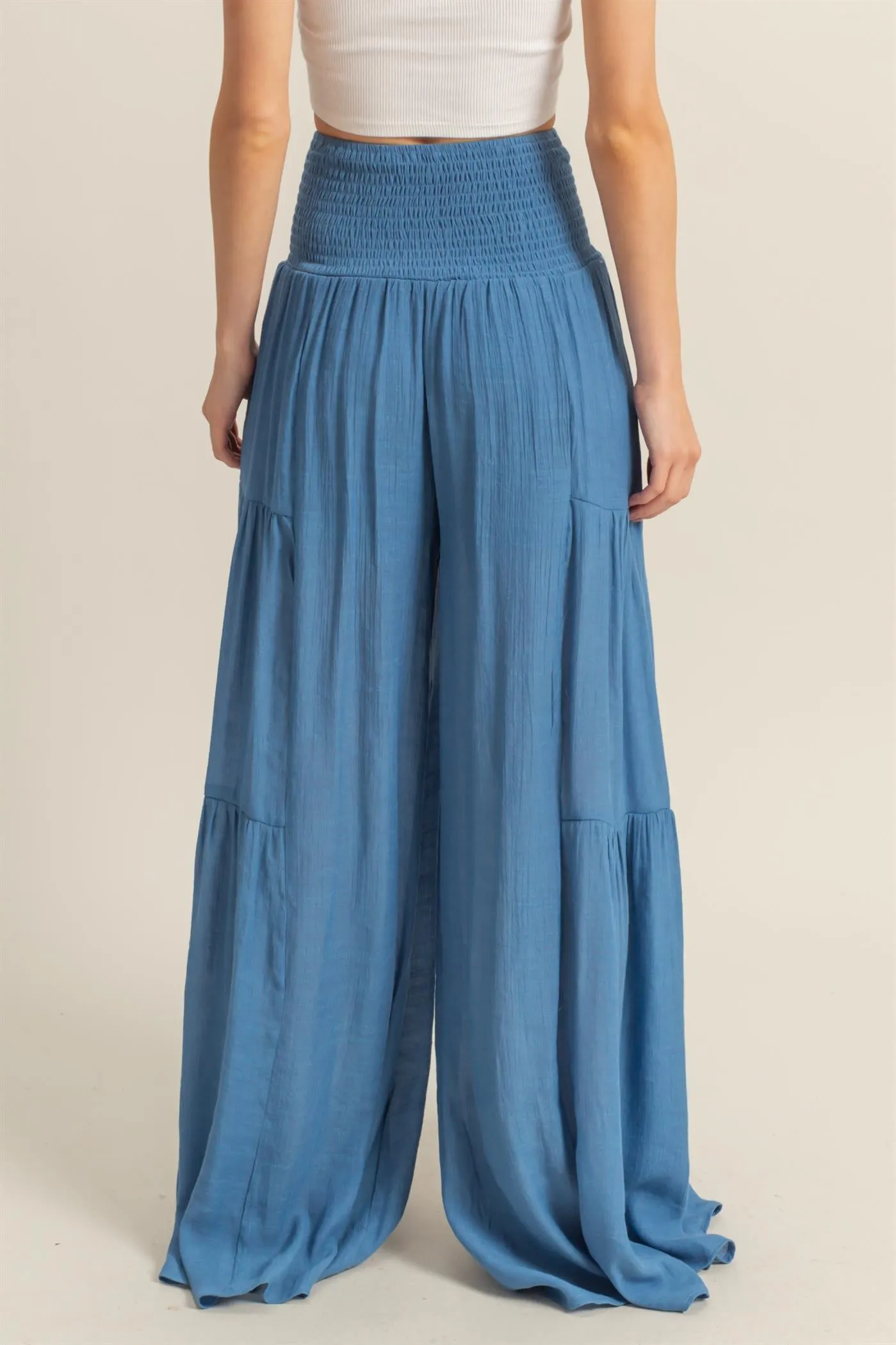 HF25E041-Front Tie Waist Tiered Palazzo Pants