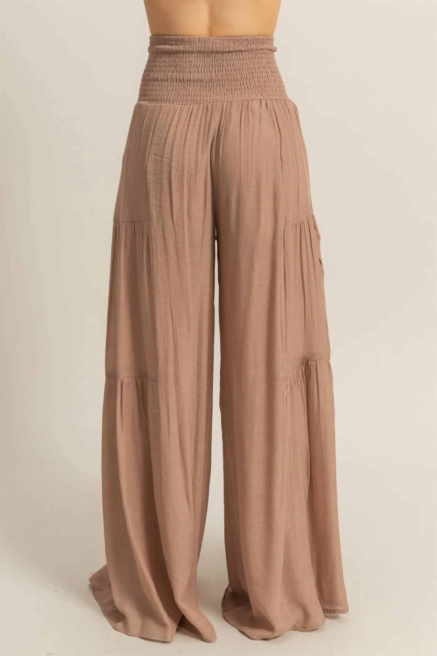 HF25E041-Front Tie Waist Tiered Palazzo Pants