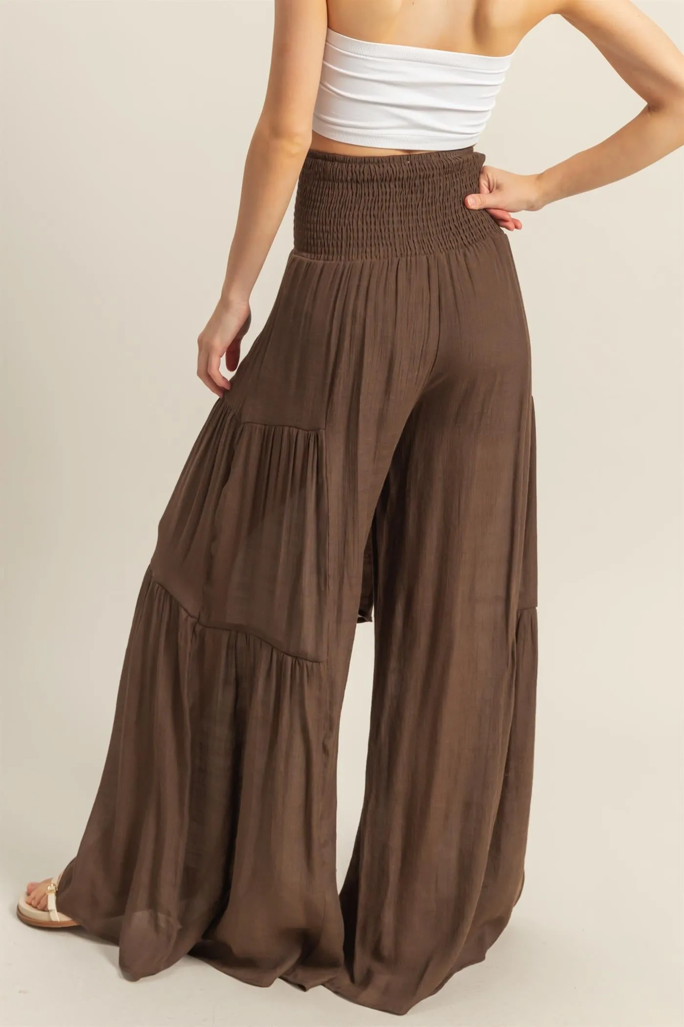 HF25E041-Front Tie Waist Tiered Palazzo Pants