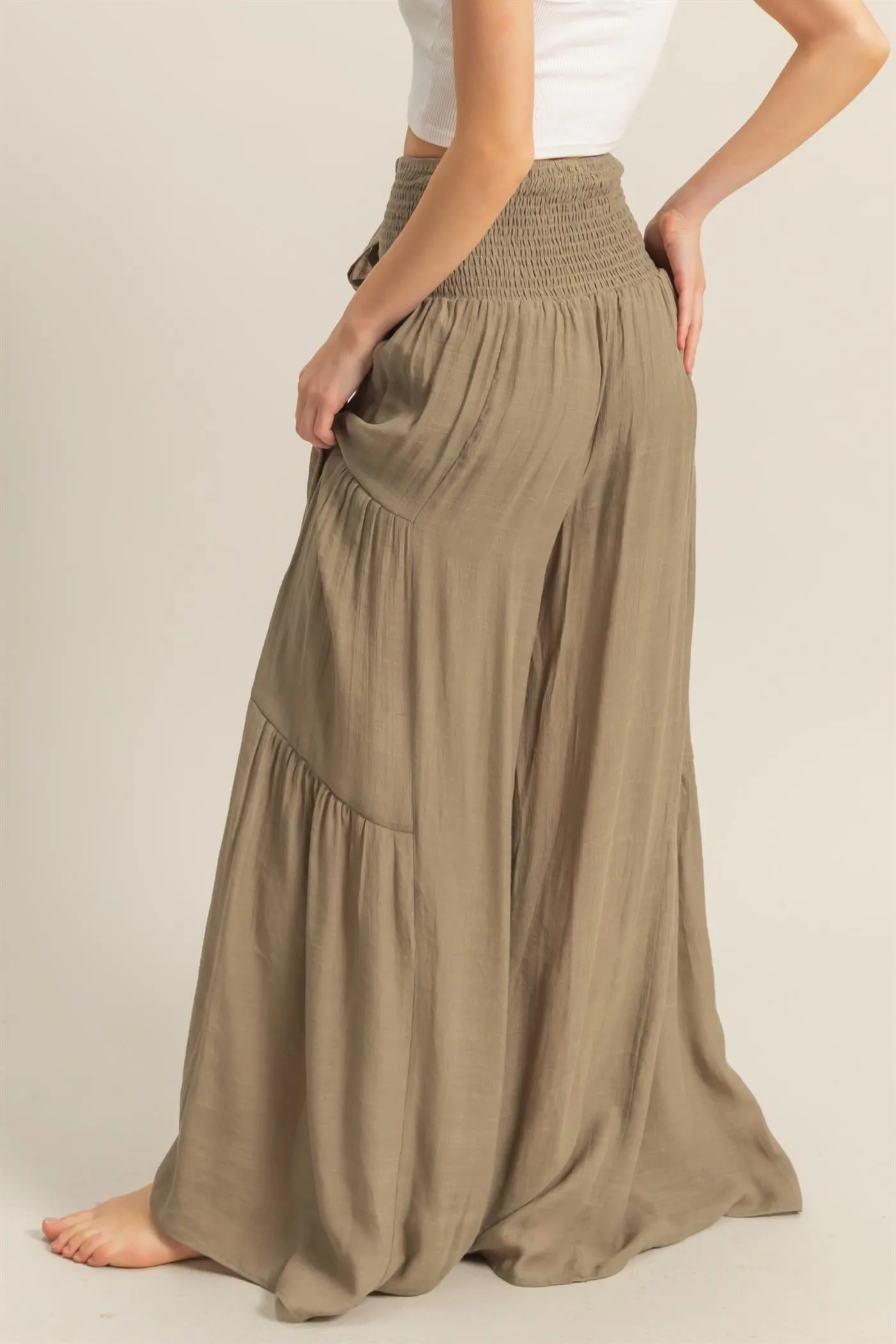 HF25E041-Front Tie Waist Tiered Palazzo Pants