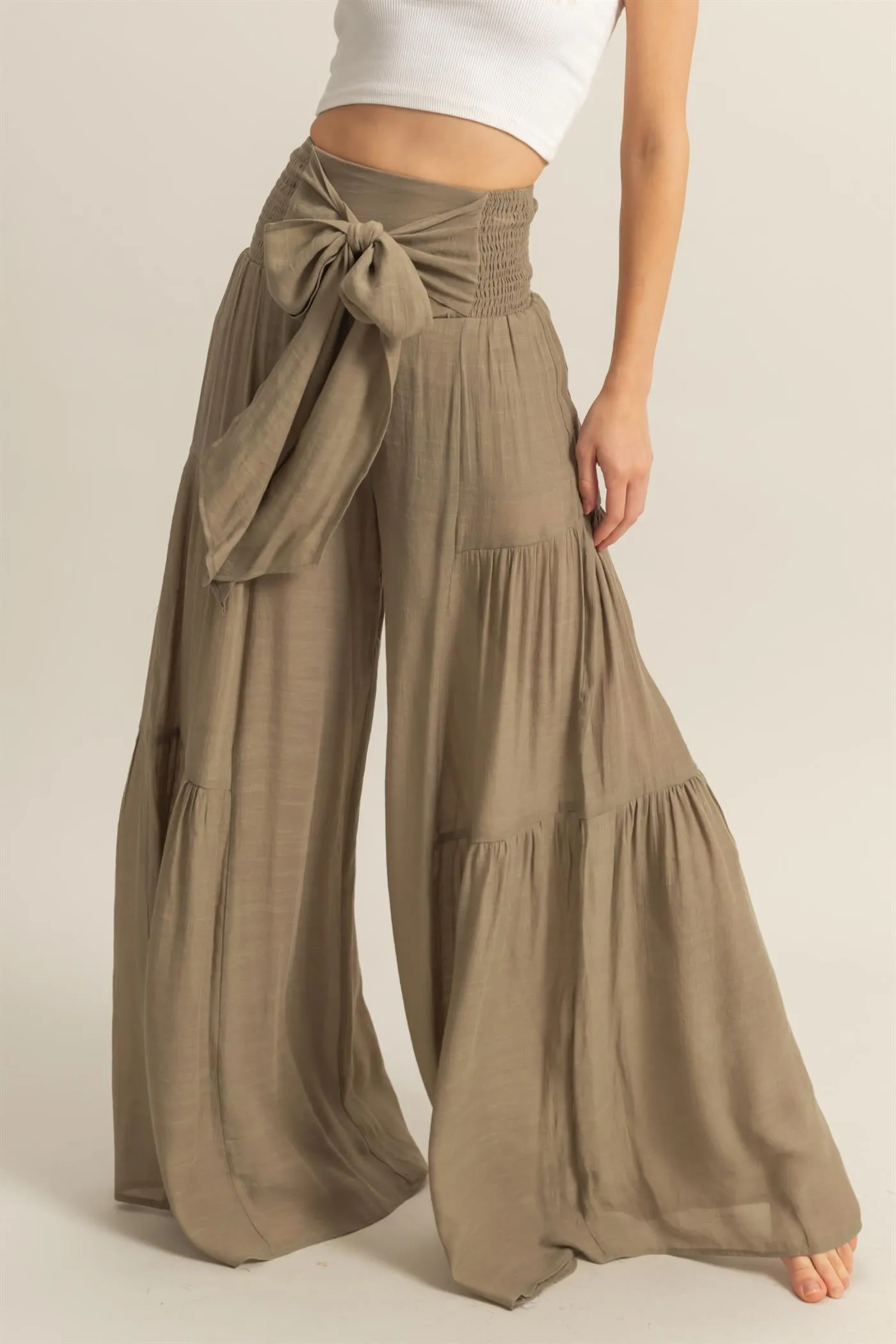 HF25E041-Front Tie Waist Tiered Palazzo Pants