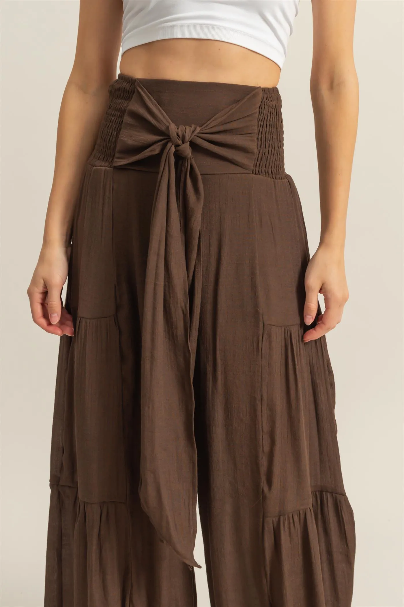 HF25E041-Front Tie Waist Tiered Palazzo Pants