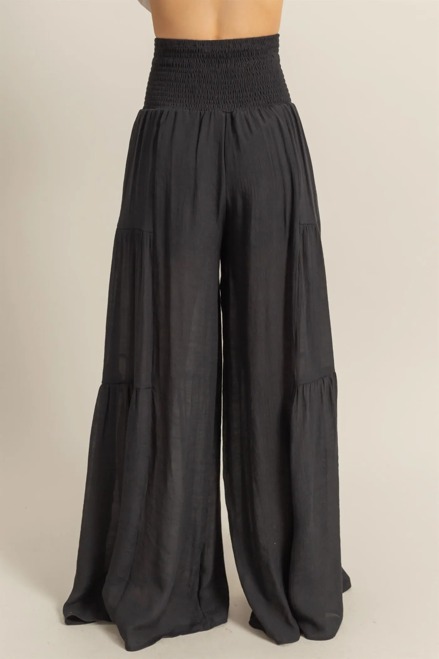 HF25E041-Front Tie Waist Tiered Palazzo Pants