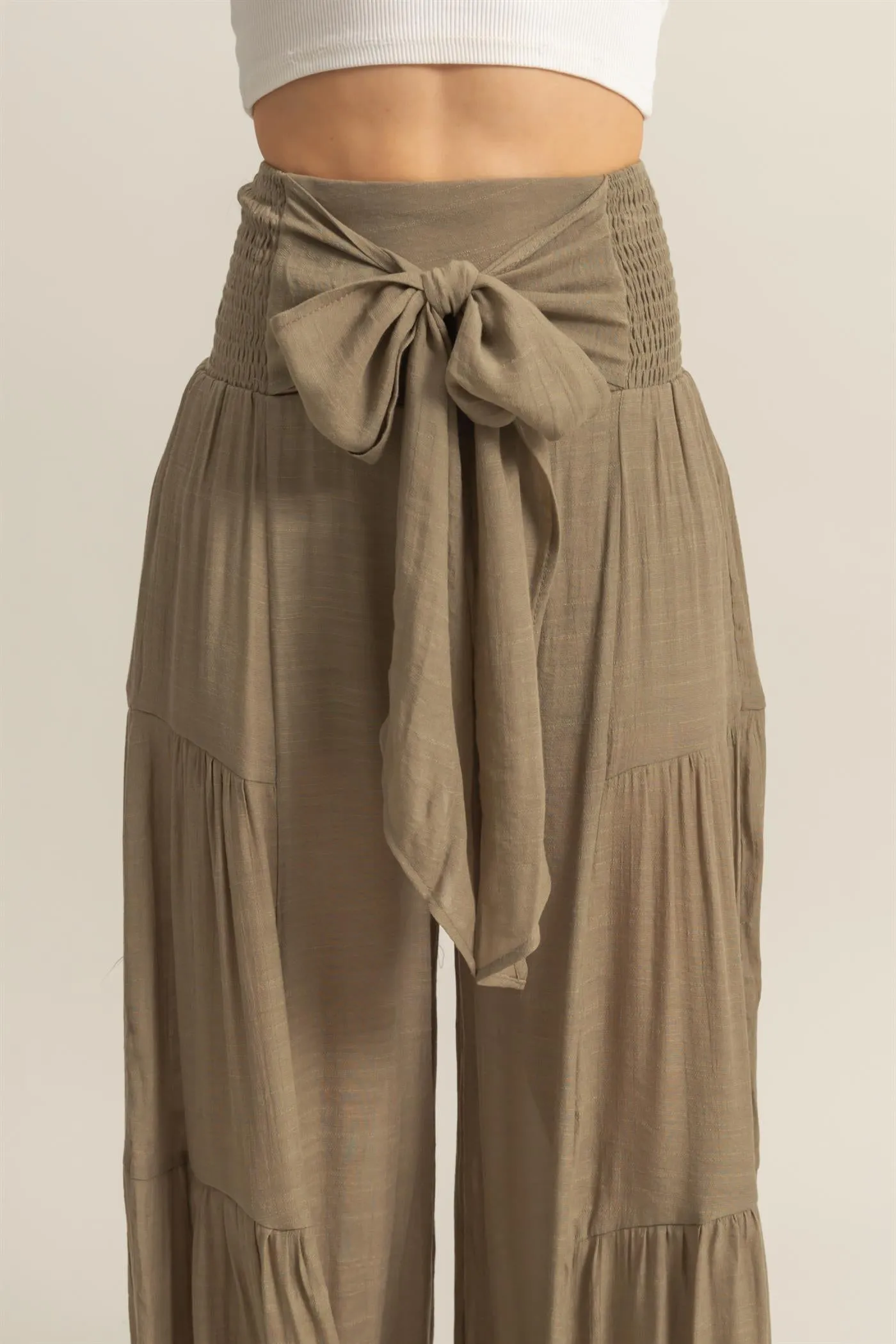 HF25E041-Front Tie Waist Tiered Palazzo Pants