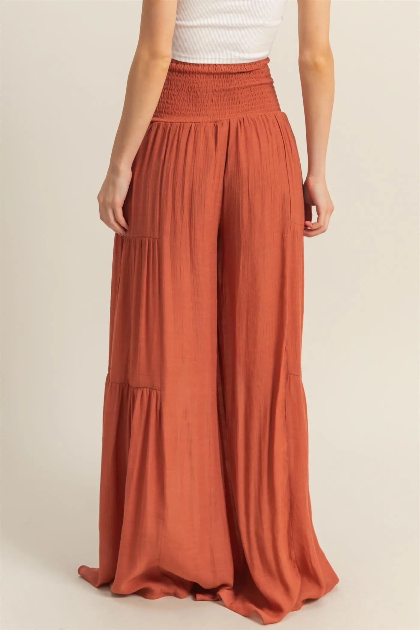 HF25E041-Front Tie Waist Tiered Palazzo Pants