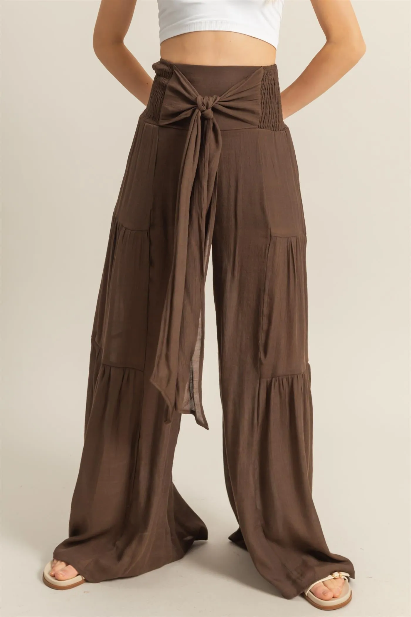 HF25E041-Front Tie Waist Tiered Palazzo Pants