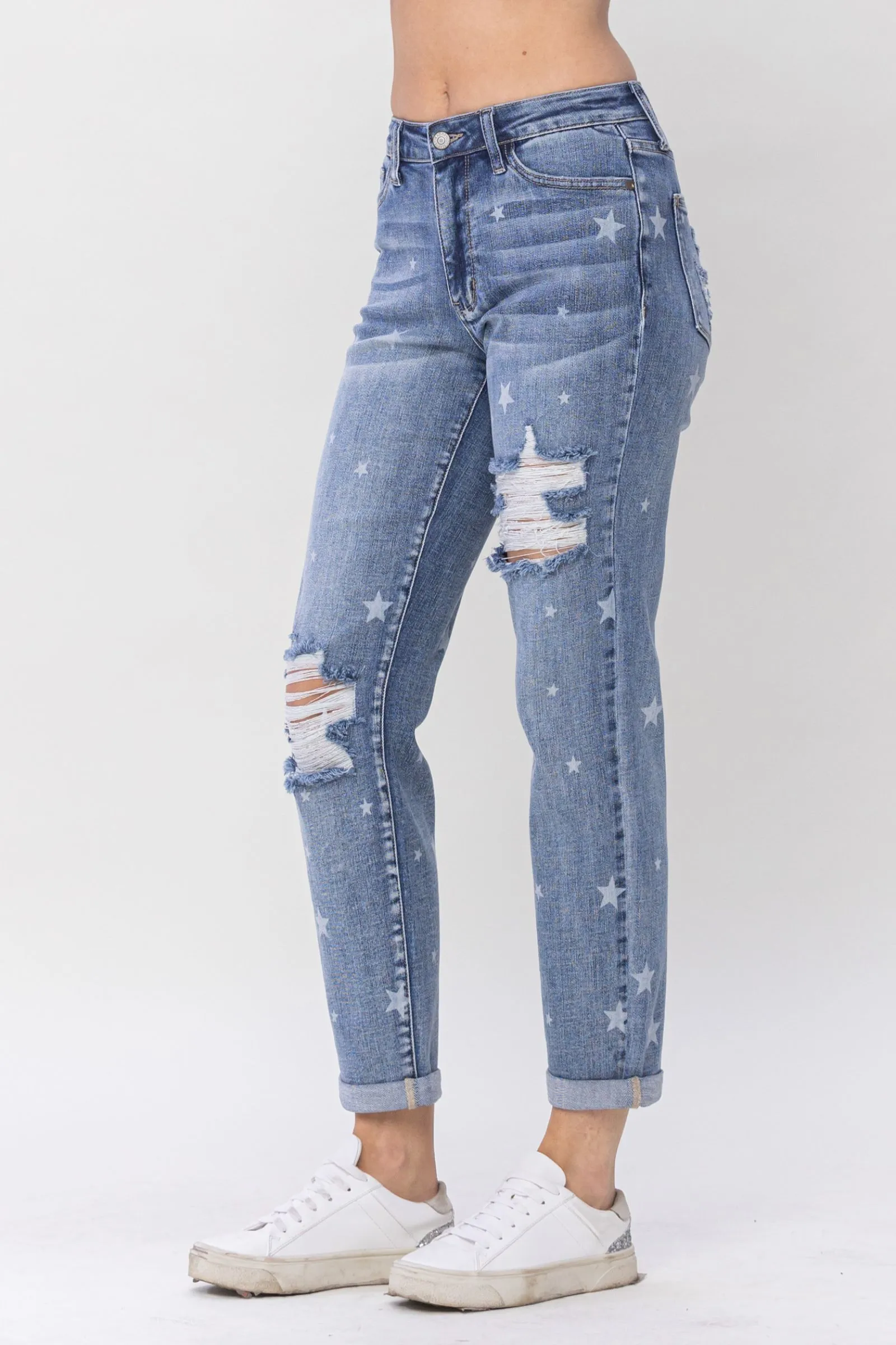 JUDY BLUE Star Crossed Destroy & Roll Cuff Boyfriend Denim Jeans