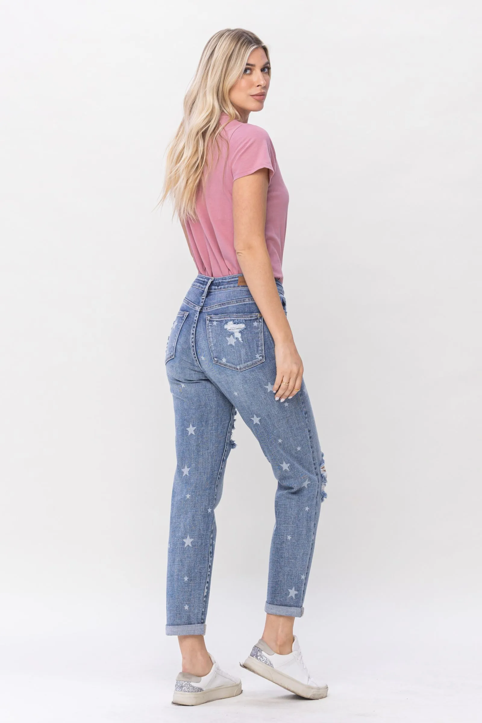 JUDY BLUE Star Crossed Destroy & Roll Cuff Boyfriend Denim Jeans