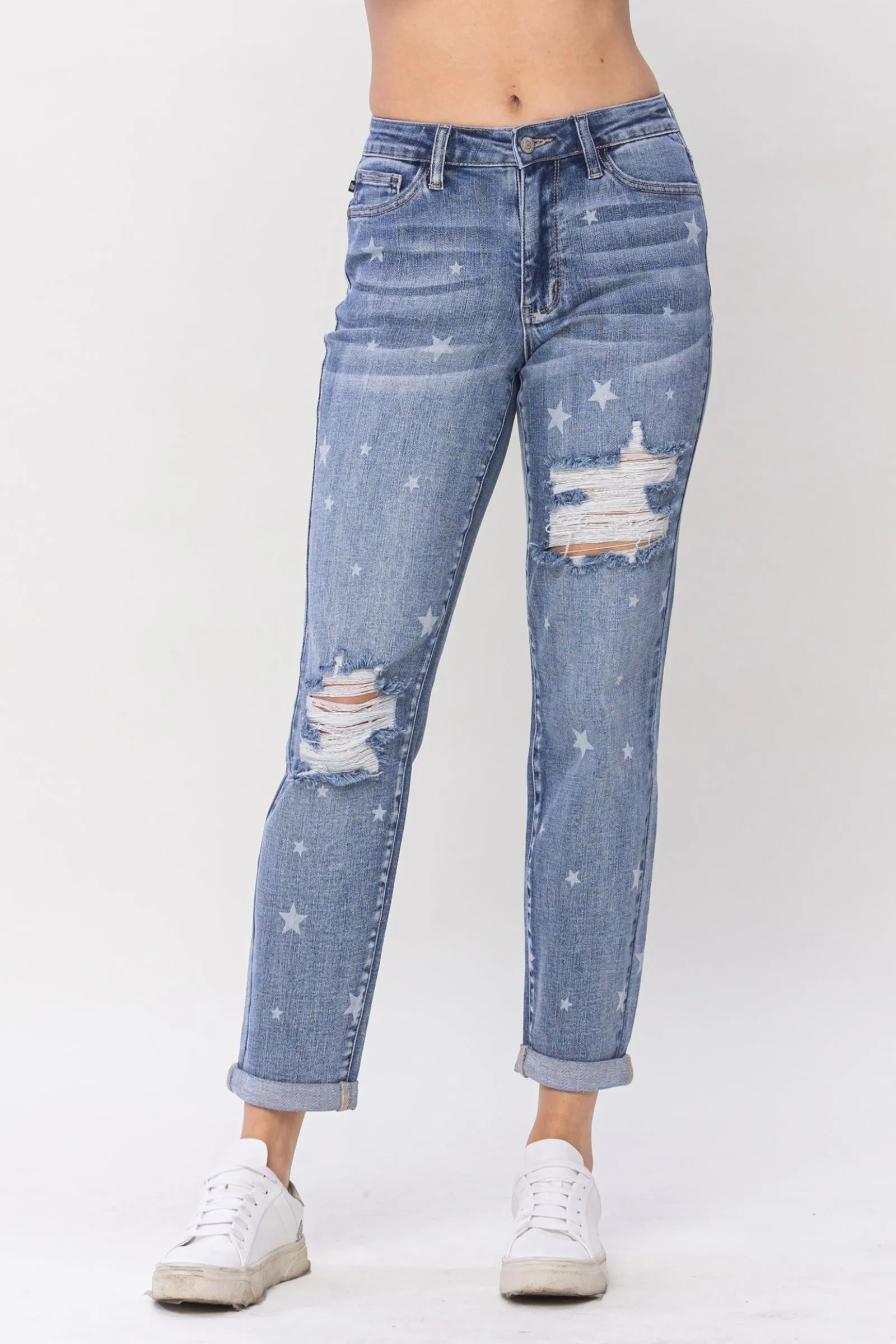 JUDY BLUE Star Crossed Destroy & Roll Cuff Boyfriend Denim Jeans