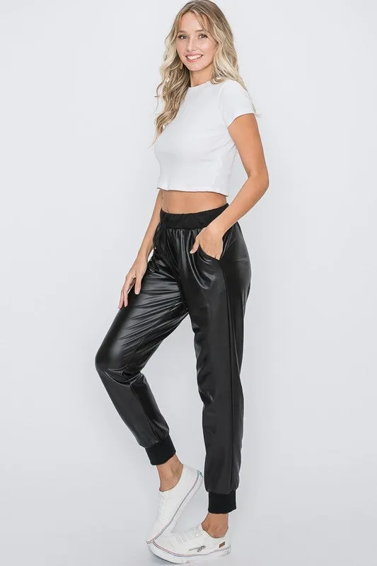 Laina Black Vegan Leather Joggers