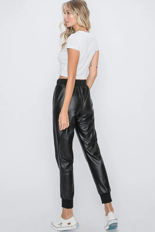 Laina Black Vegan Leather Joggers