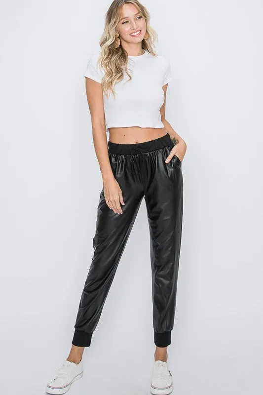 Laina Black Vegan Leather Joggers