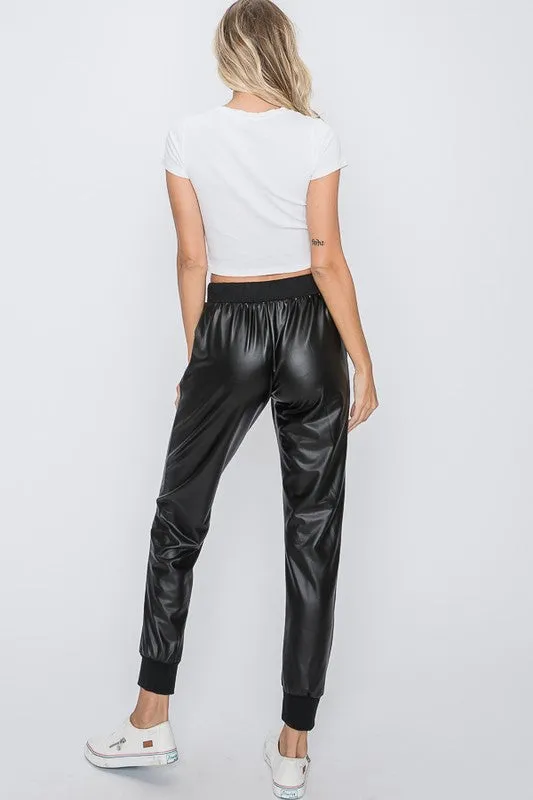 Laina Black Vegan Leather Joggers