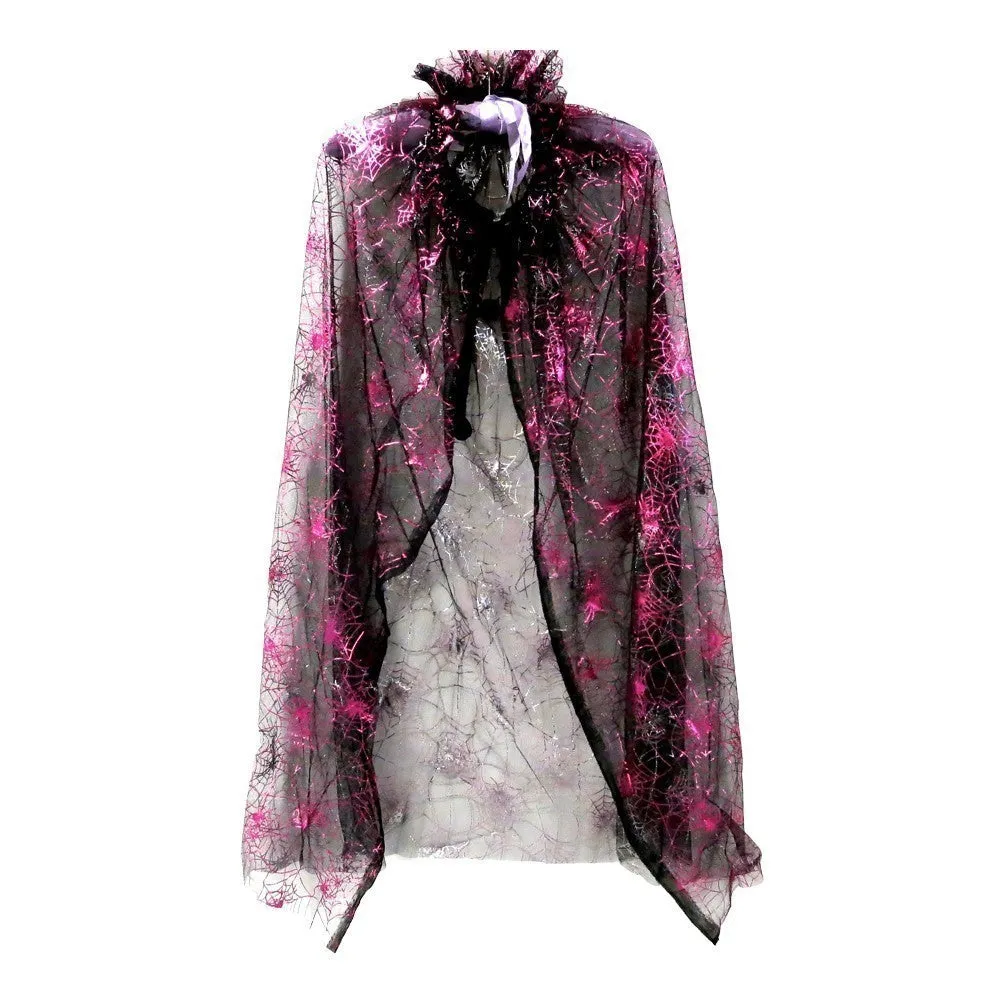 Little Girls Black Hot Pink Spiderweb Print Halloween Cape 2-7