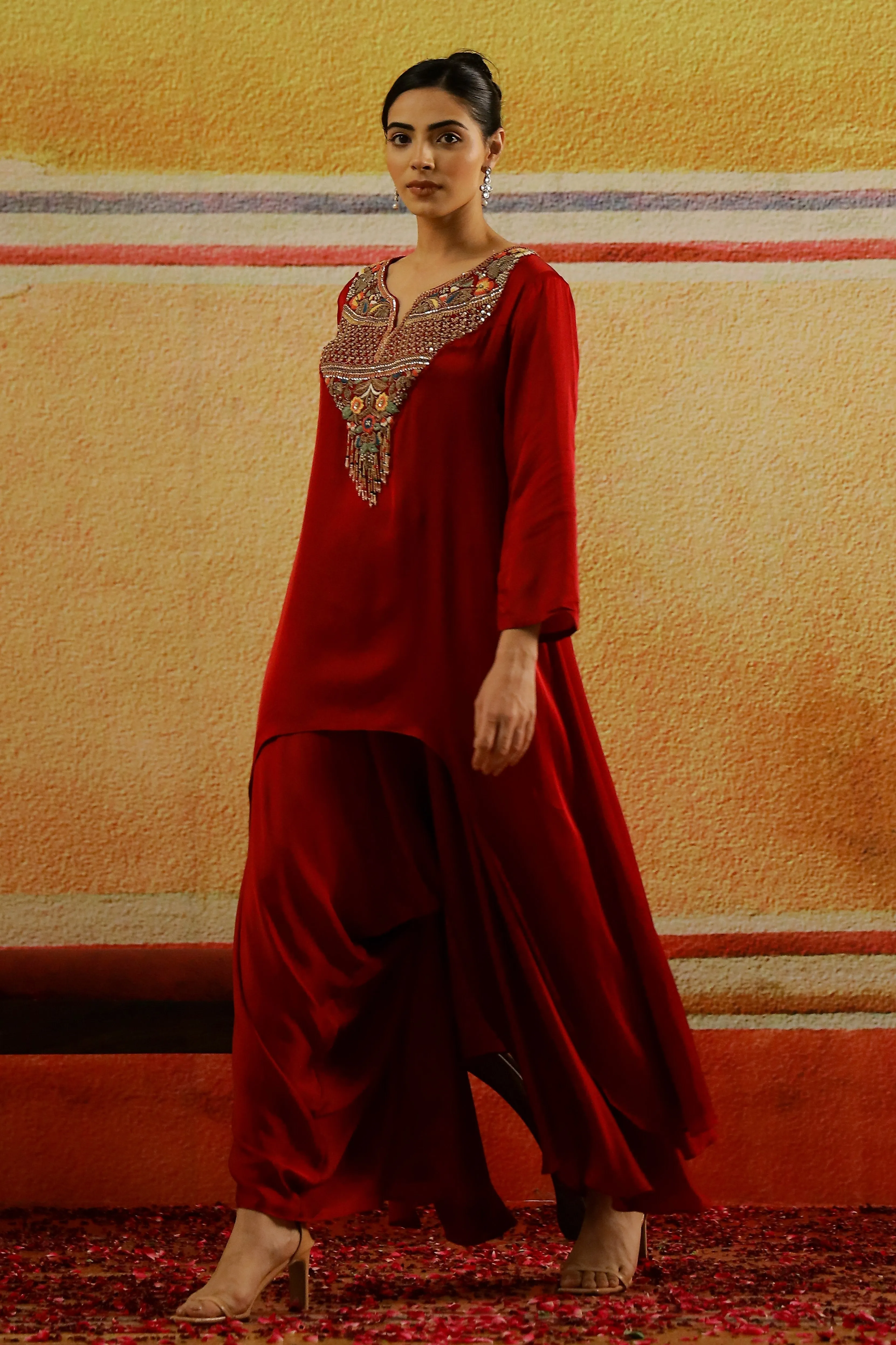 Maroon Embroidered Satin Silk Kurta Set