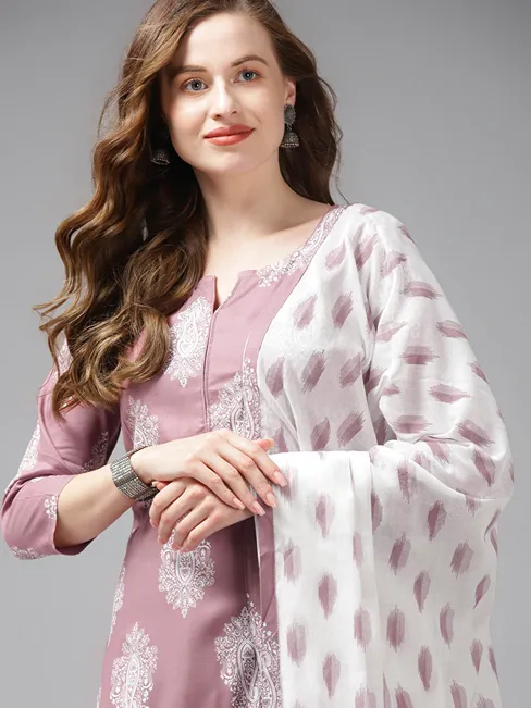 Mauve & Offwhite Printed Dupatta Set