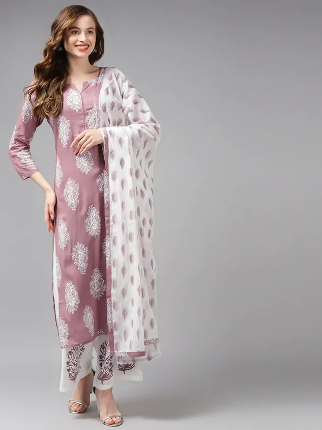 Mauve & Offwhite Printed Dupatta Set