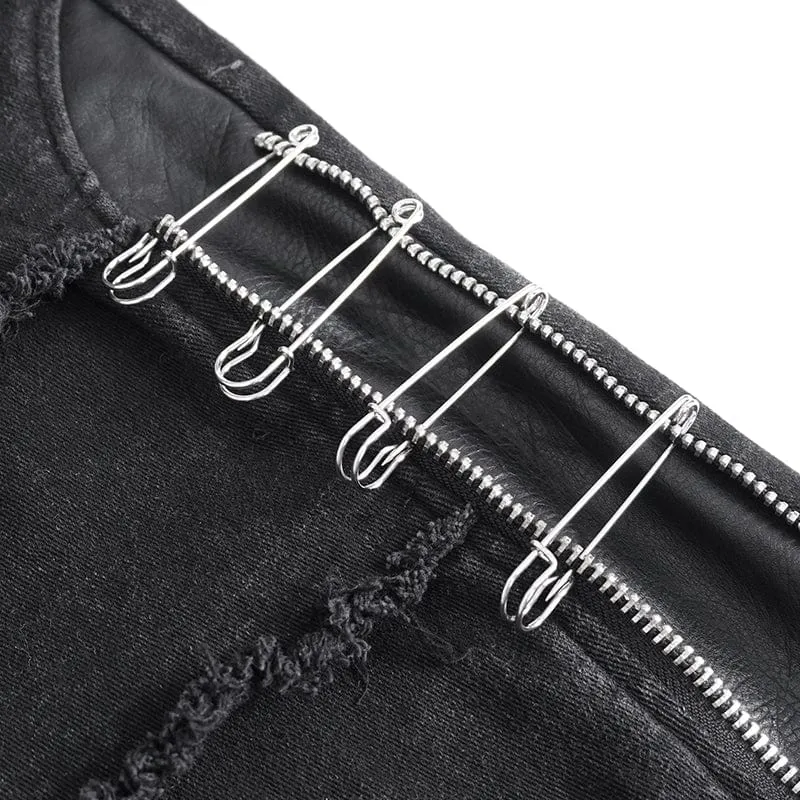 Men's Punk Unedged Faux Leather Splice Flared Pants