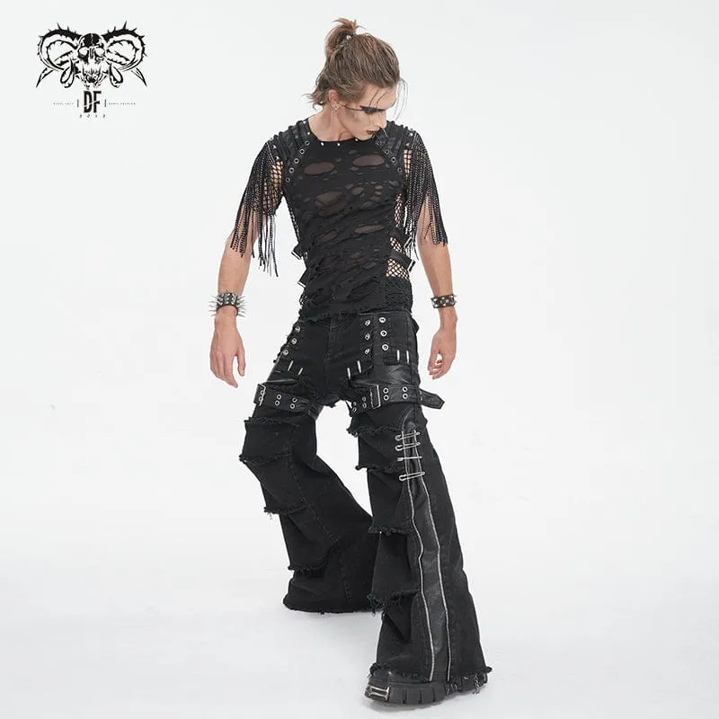 Men's Punk Unedged Faux Leather Splice Flared Pants