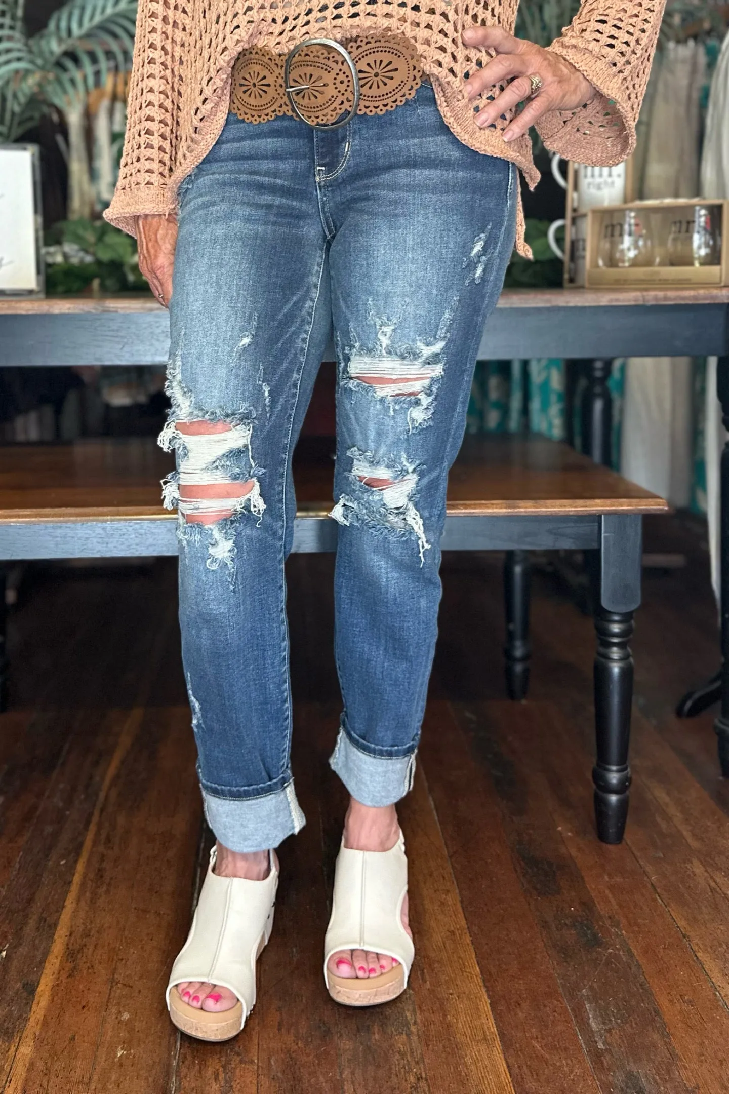 Mid Rise Boyfriend Cuffed Jeans by Judy Blue