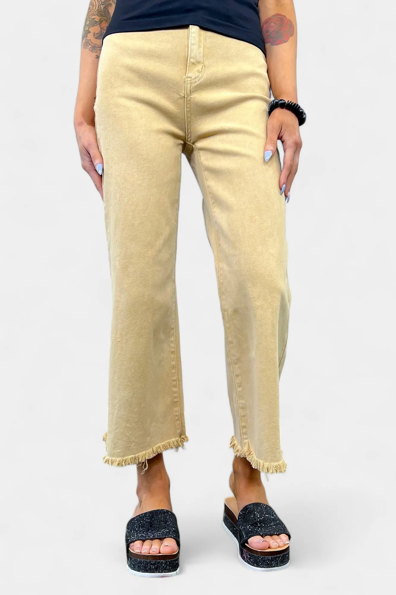 Mustard Acid Wash Frayed Jeans