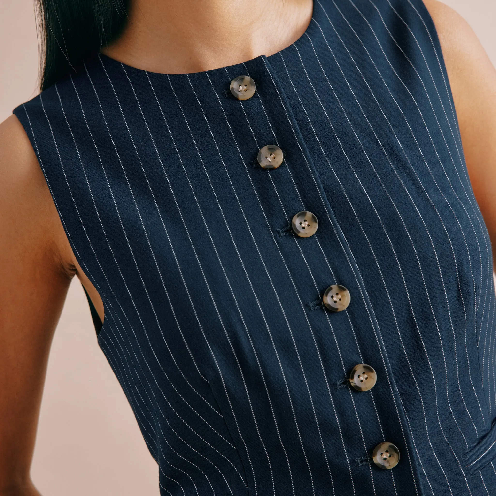 Navy Pinstripe Collarless Waistcoat