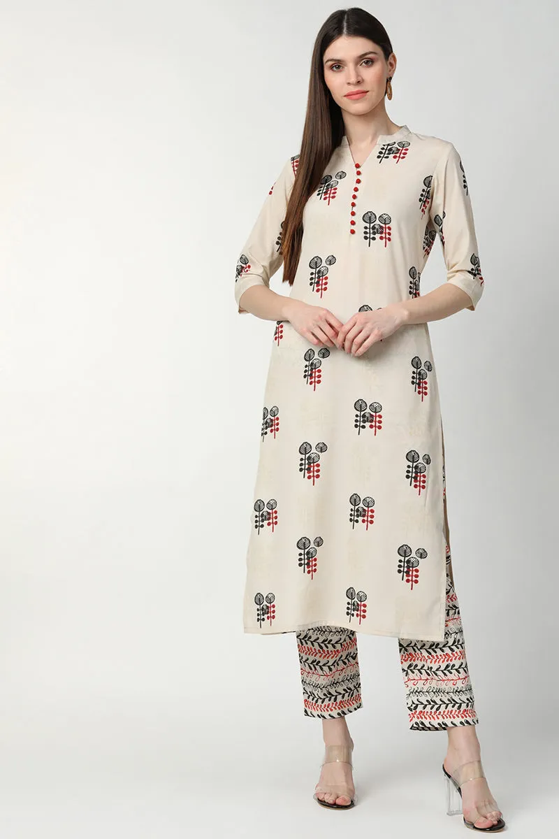 Off White Poly Crepe Printed Kurta Palazzo Set