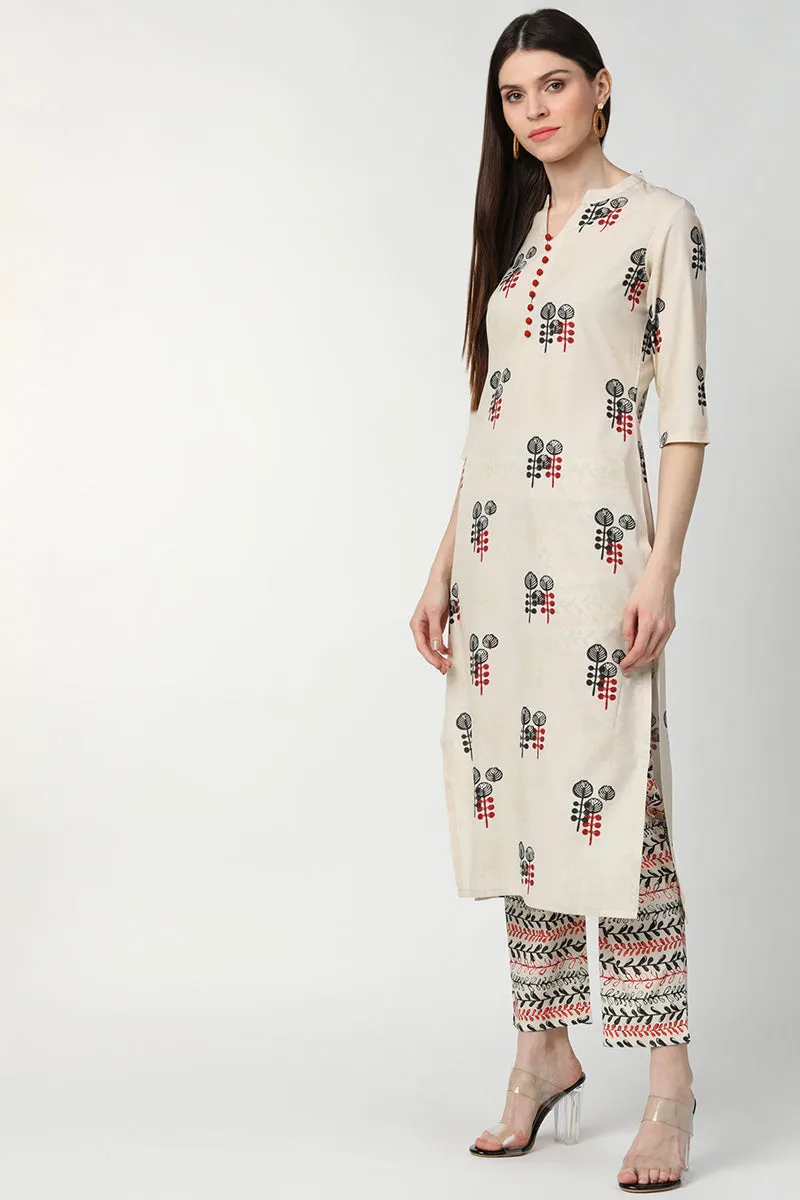 Off White Poly Crepe Printed Kurta Palazzo Set