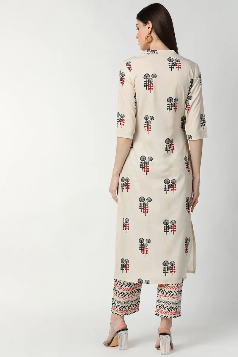 Off White Poly Crepe Printed Kurta Palazzo Set