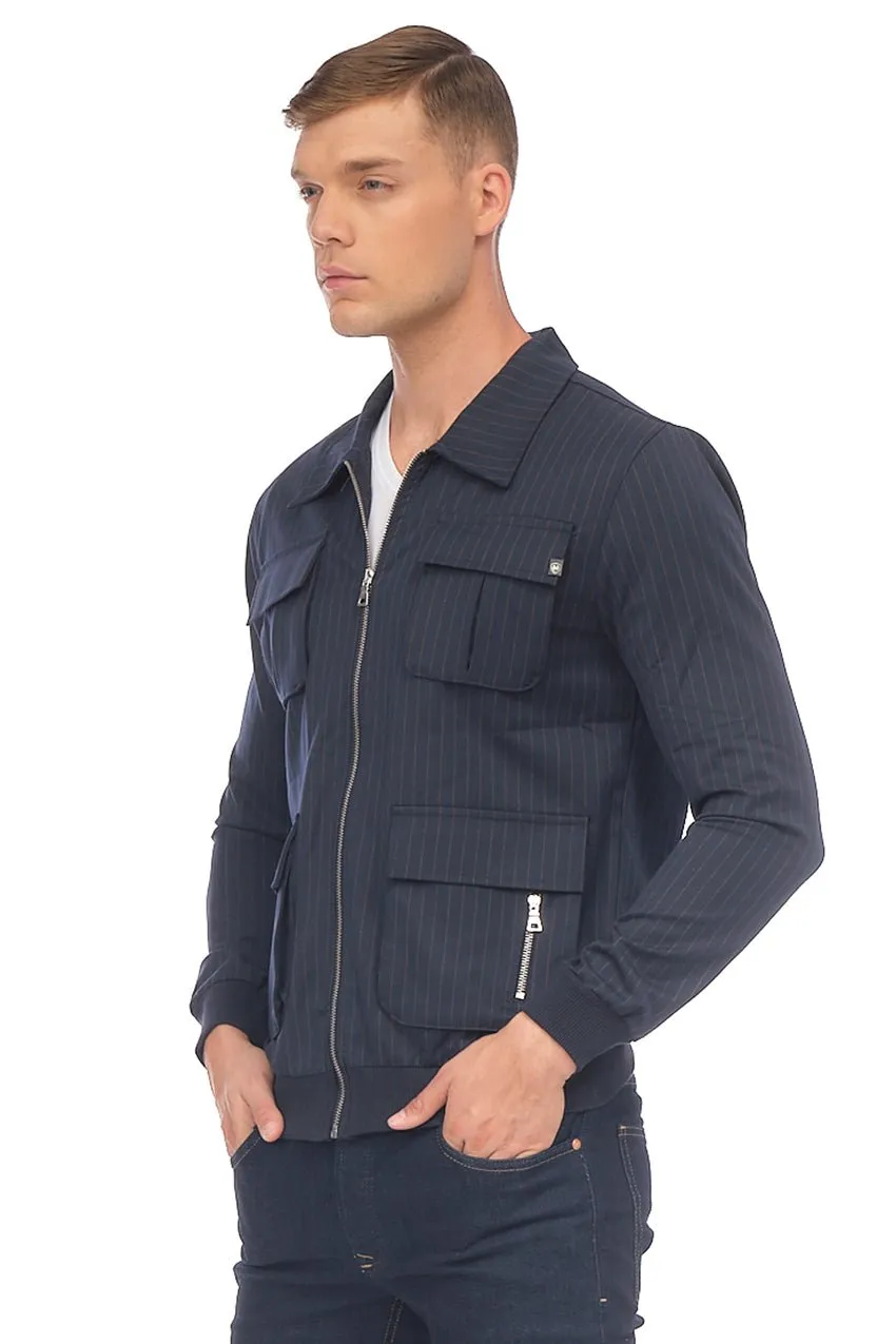 Pinstriped Utility Bomber Jacket - Navy Mustard