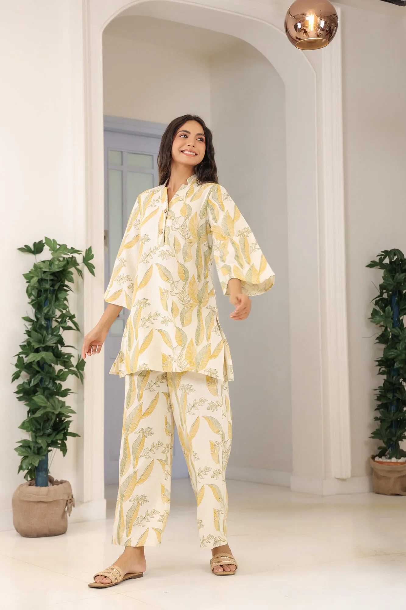 Pleasant White Cotton Flex Palazzo Loungewear Set