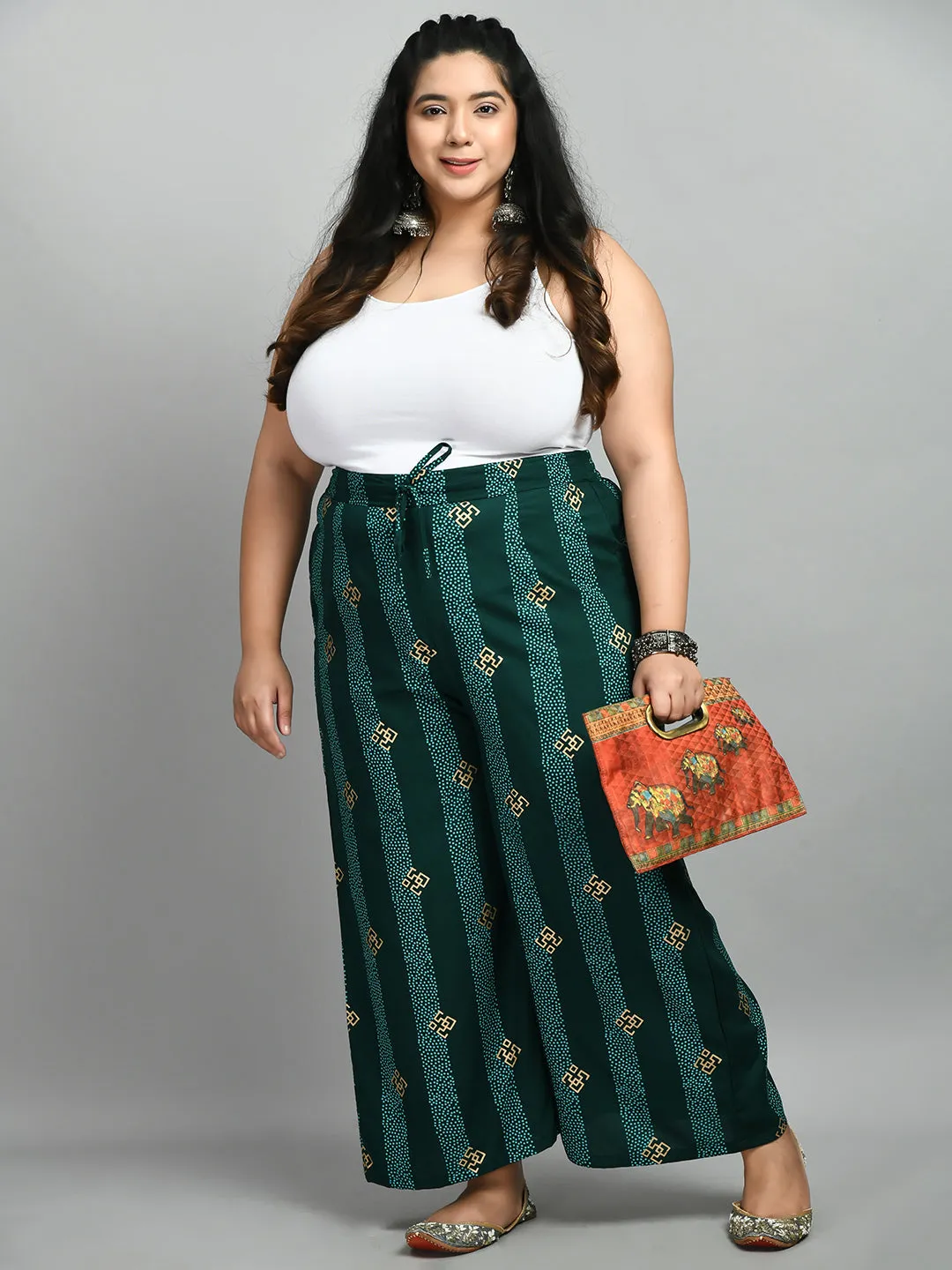 Plus Size Pigment Bottle Green Printed Palazzo