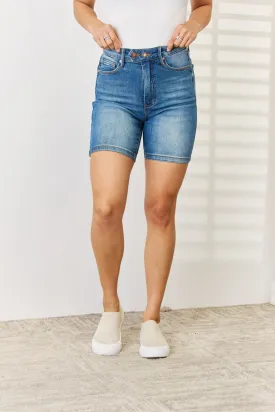 "Women's Denim Bermuda Shorts with Full Size Tummy Control and Double Button Detail"