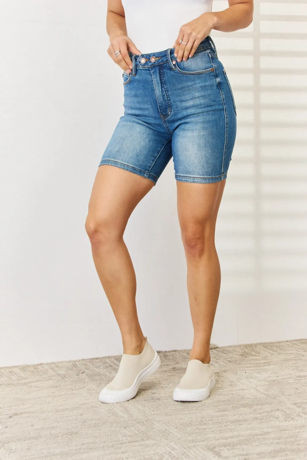 "Women's Denim Bermuda Shorts with Full Size Tummy Control and Double Button Detail"