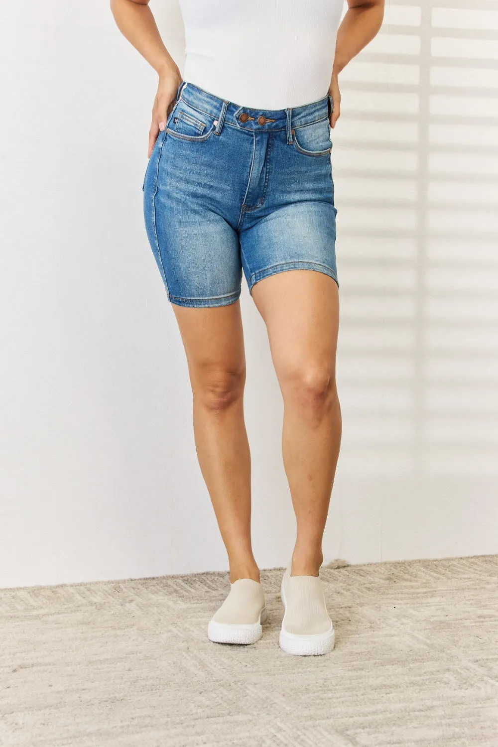 "Women's Denim Bermuda Shorts with Full Size Tummy Control and Double Button Detail"