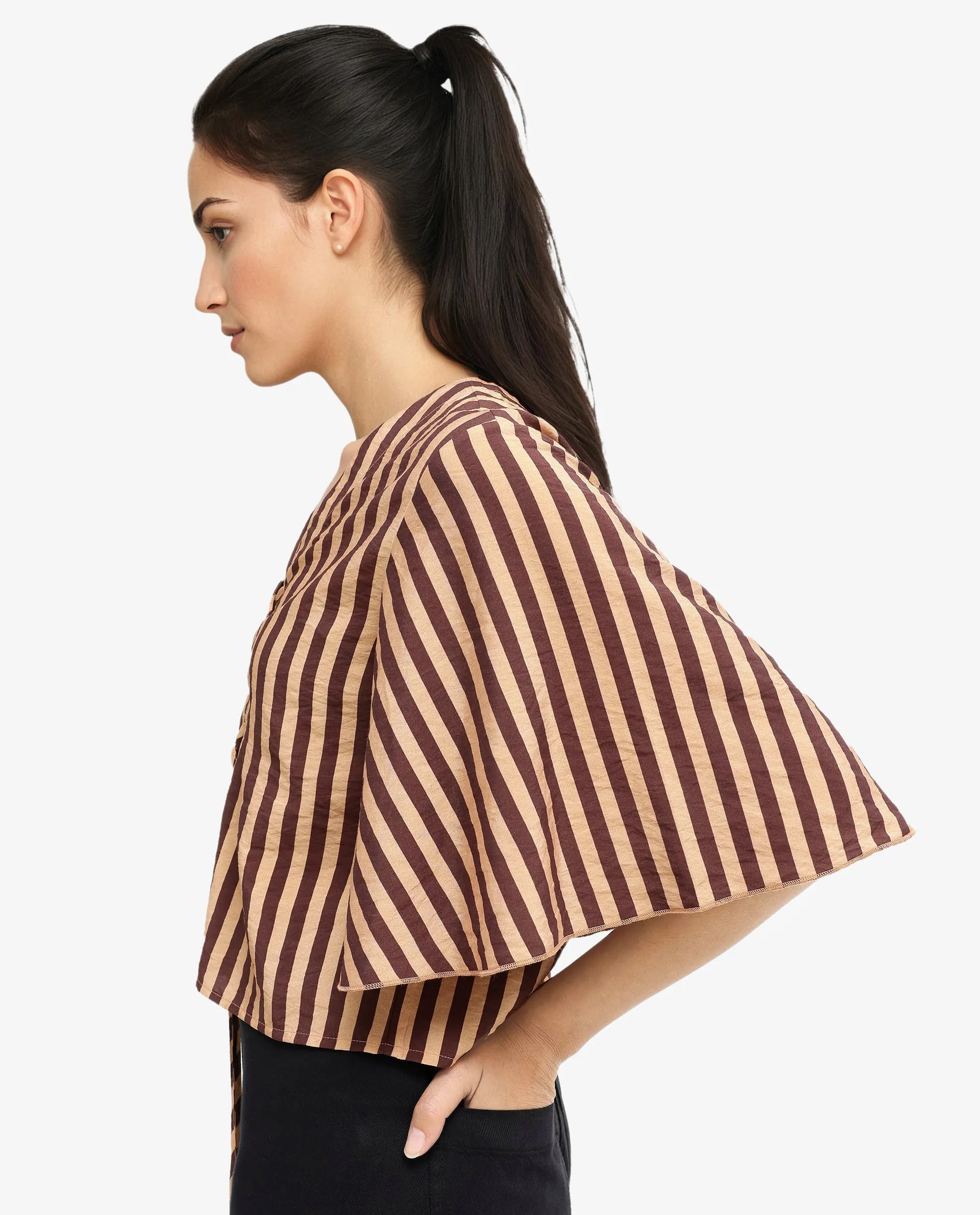 Rareism Women Andria Brown Bell Sleeves V-Neck Tie Up Broad Stripes Cropped Top