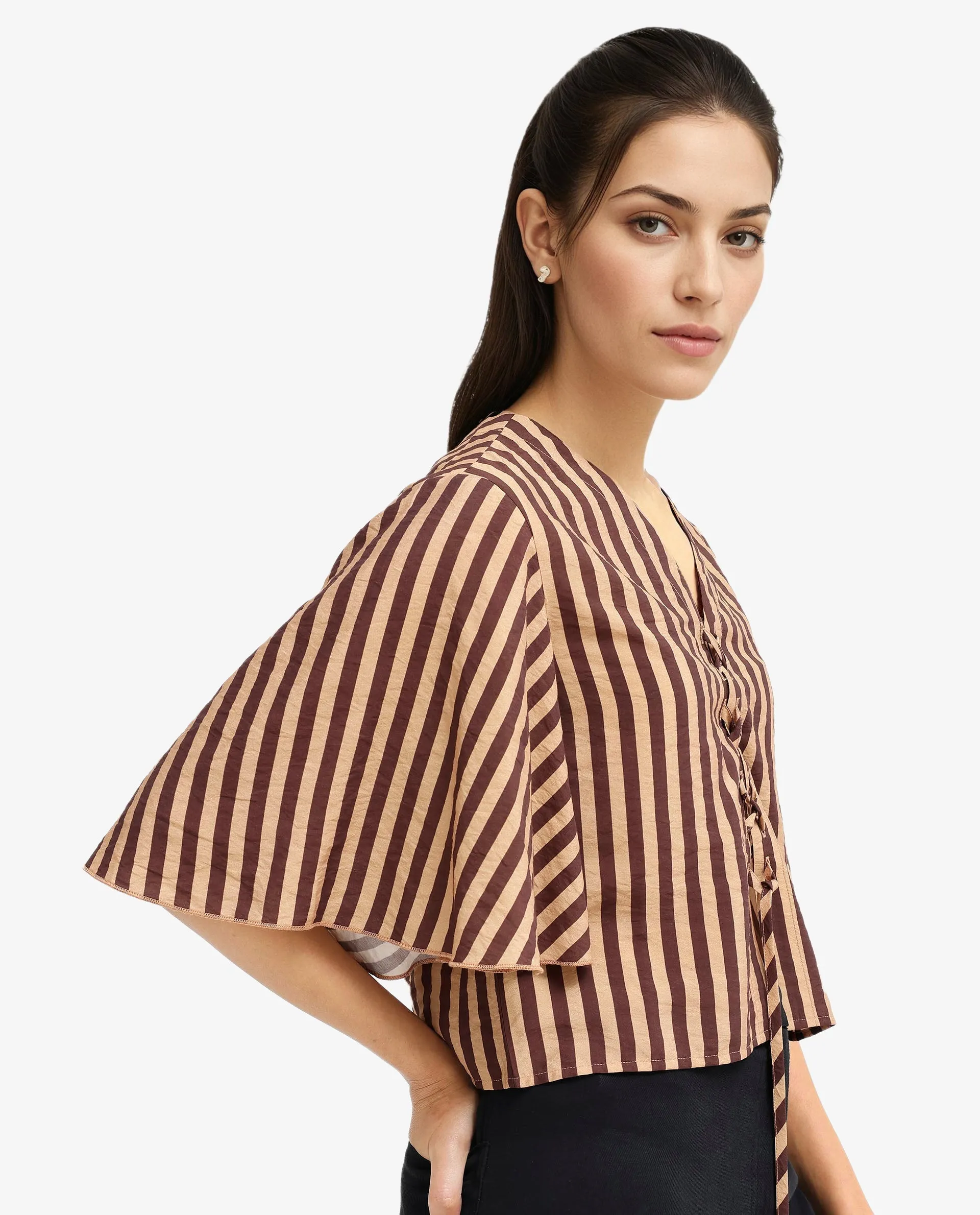 Rareism Women Andria Brown Bell Sleeves V-Neck Tie Up Broad Stripes Cropped Top