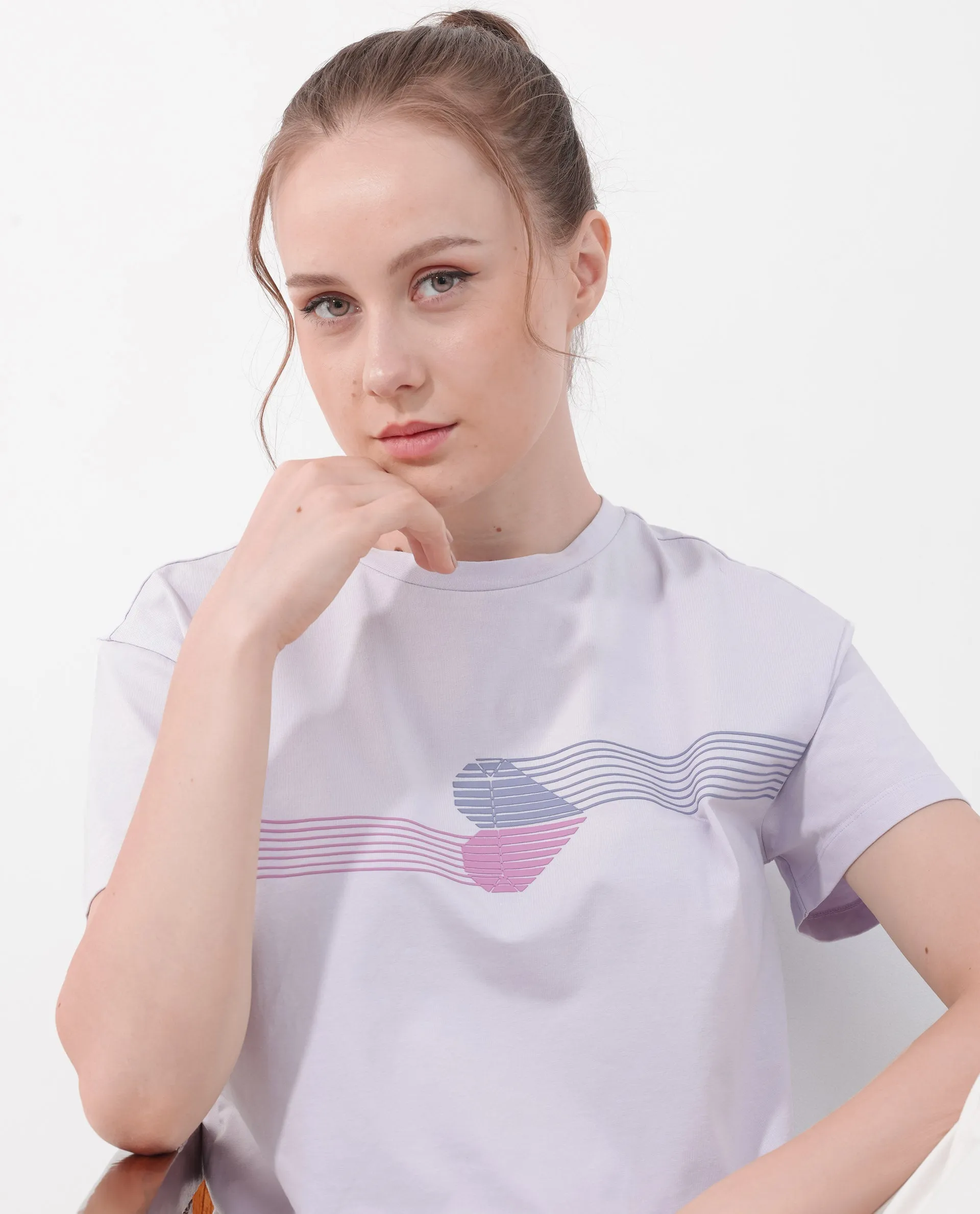 Rareism Women Kuncro Pastel Purple Cotton Elastane Fabric Crew Neck Knit Solid T-Shirt