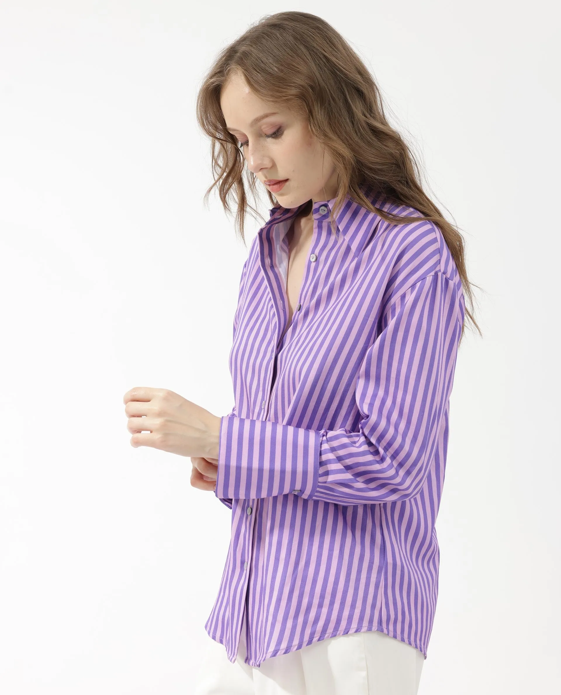 Rareism Women Runio Dusky Purple Polyester Fabric Full Sleeves Button Closure Shirt Collar Cuffed Sleeve Regular Fit Striped Shirt