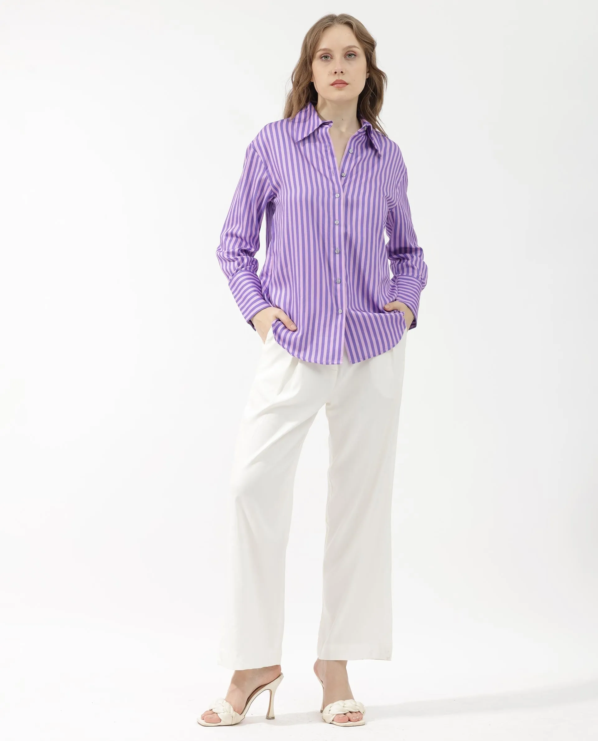 Rareism Women Runio Dusky Purple Polyester Fabric Full Sleeves Button Closure Shirt Collar Cuffed Sleeve Regular Fit Striped Shirt