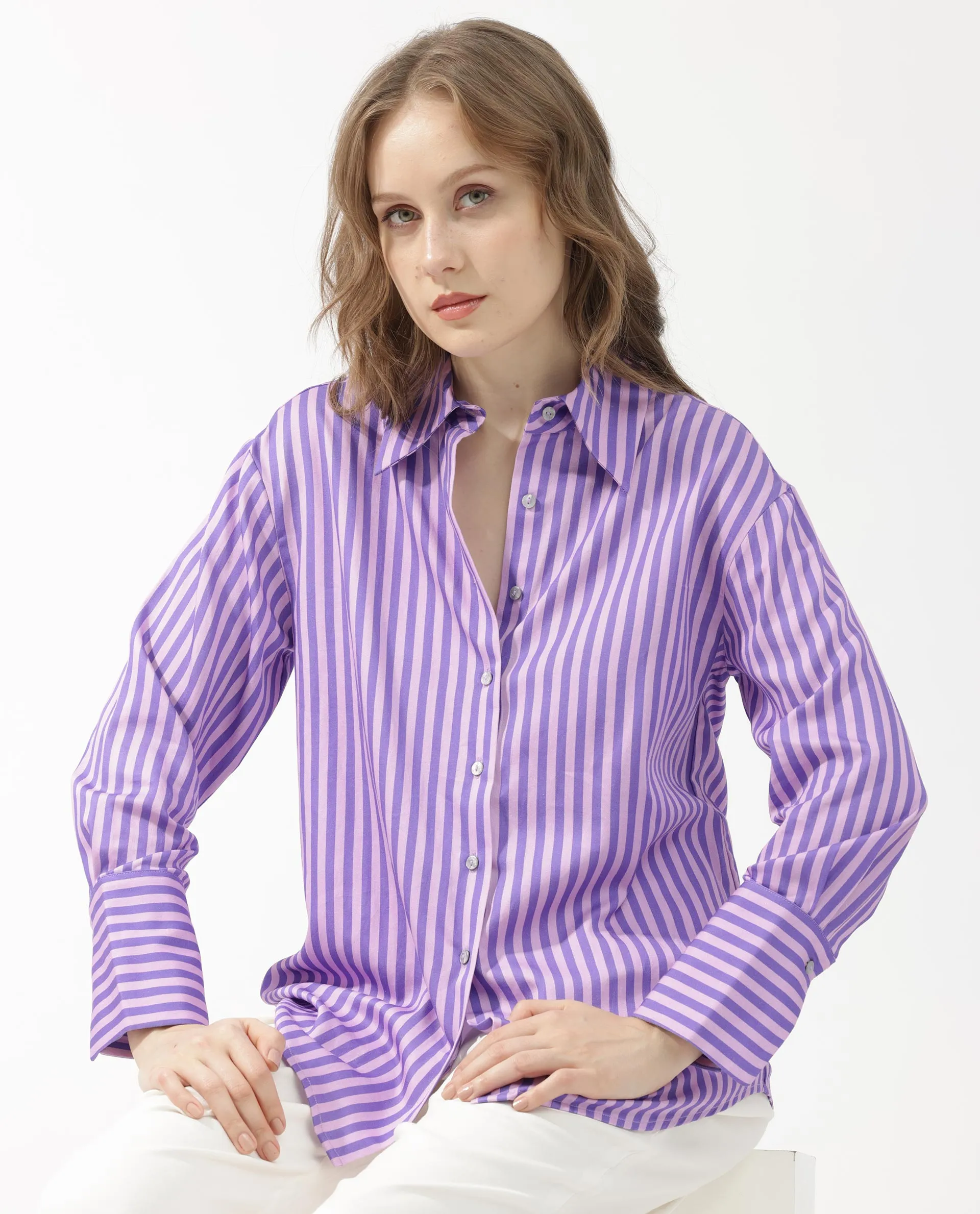 Rareism Women Runio Dusky Purple Polyester Fabric Full Sleeves Button Closure Shirt Collar Cuffed Sleeve Regular Fit Striped Shirt