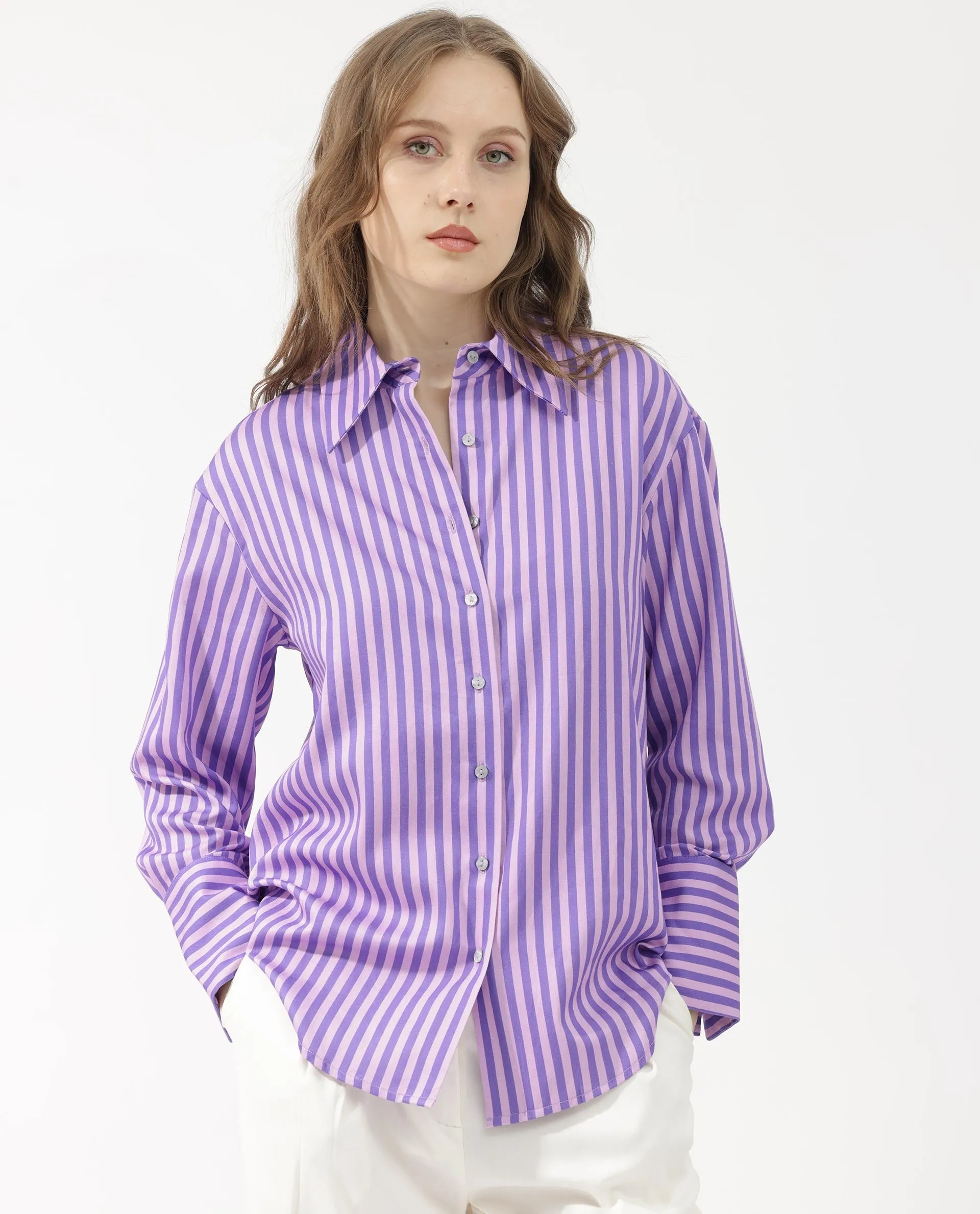 Rareism Women Runio Dusky Purple Polyester Fabric Full Sleeves Button Closure Shirt Collar Cuffed Sleeve Regular Fit Striped Shirt