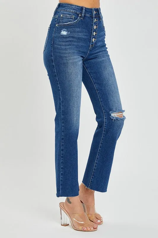 Risen James High Rise Crop Straight Button Down Distressed Denim Jeans [1-3XL]