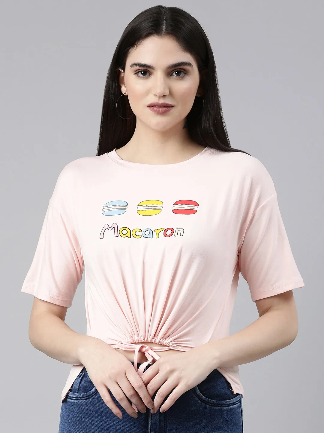 Round Neck Printed Peach Cinched Waist Crop Top