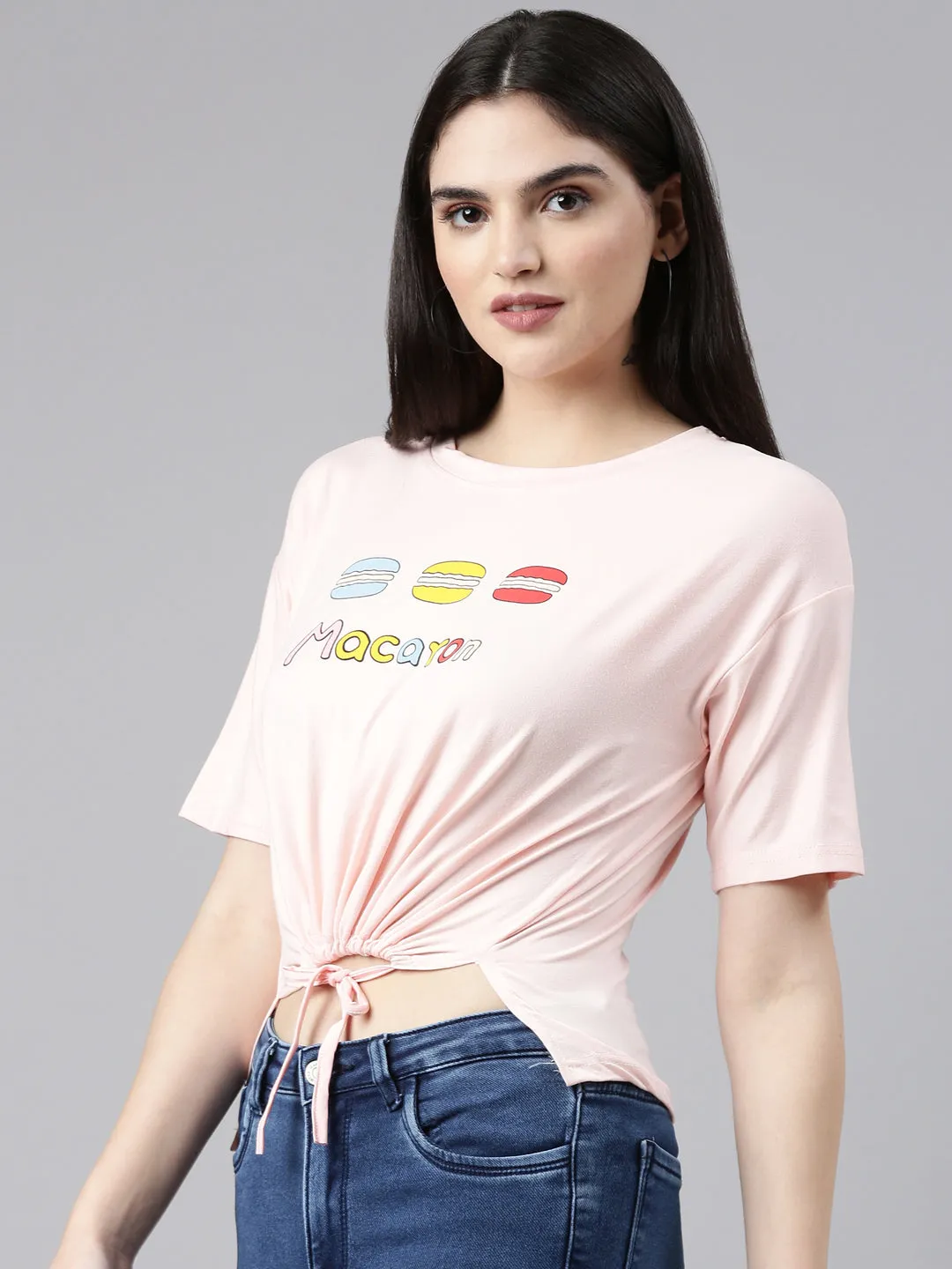 Round Neck Printed Peach Cinched Waist Crop Top