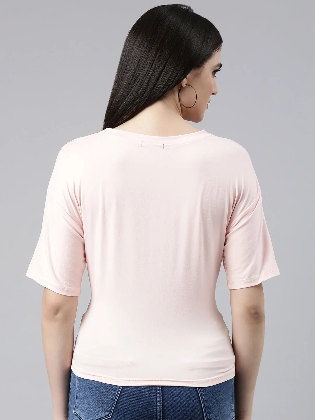 Round Neck Printed Peach Cinched Waist Crop Top