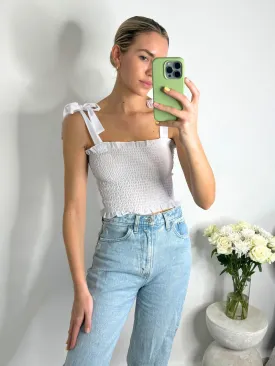 Sami Tie Shoulder Shirred Crop Top in White