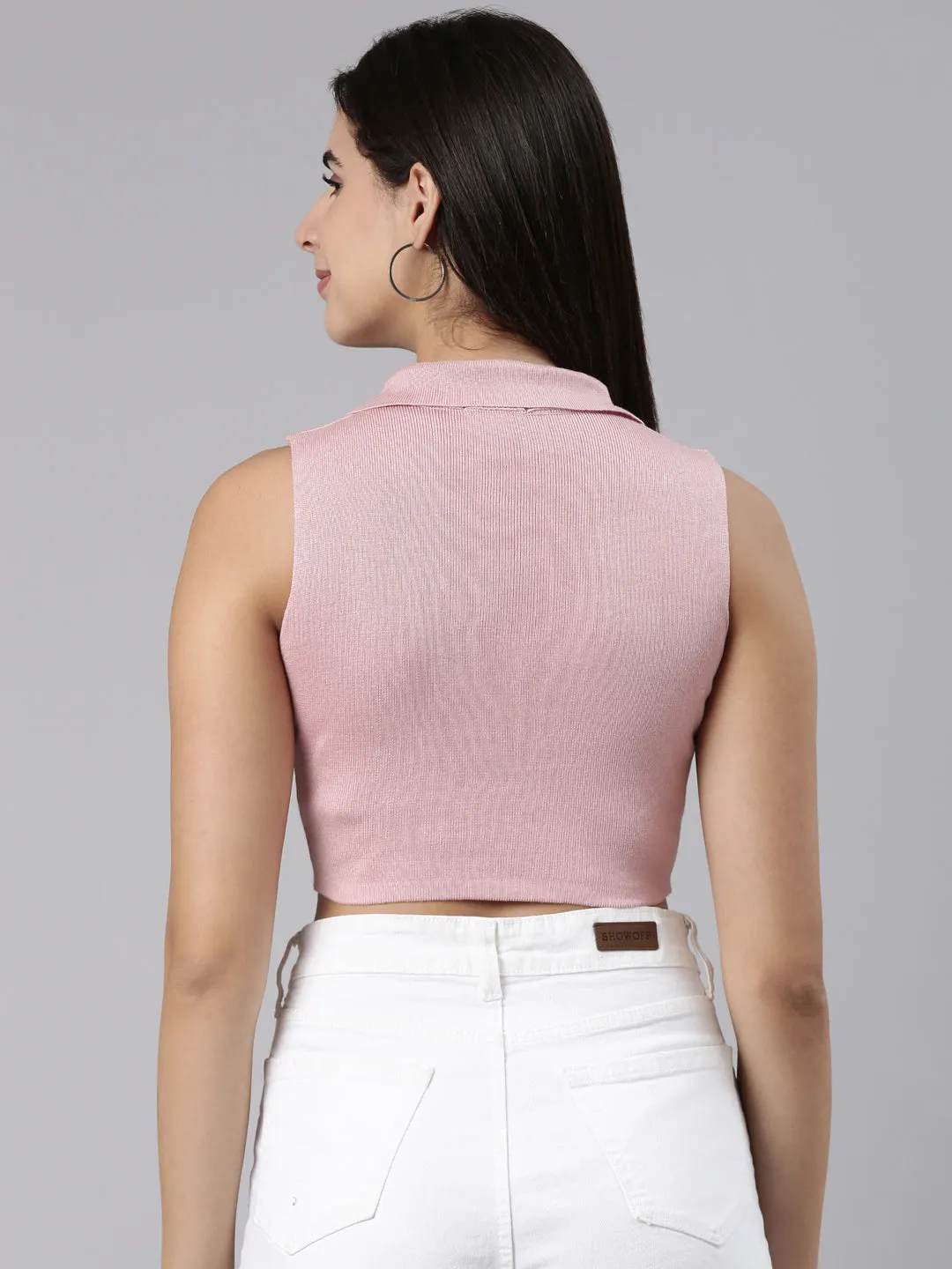 Shirt Collar Solid Sleeveless Fitted Pink Crop Top