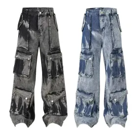 Street Retro Washed Distressed Tie-dye Multi-pocket Denim Trouser Unisex Baggy Cargo Denim Jeans Pants