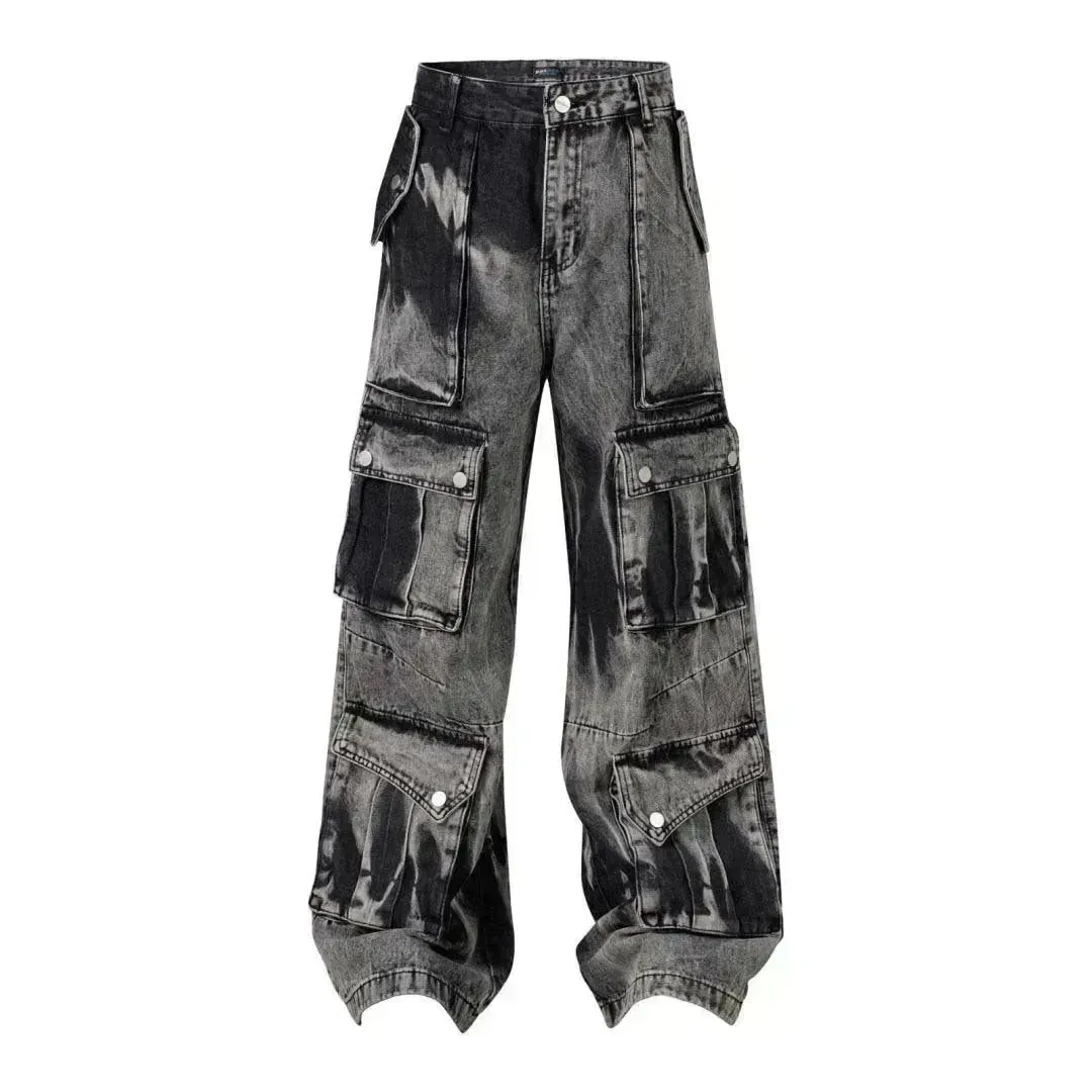 Street Retro Washed Distressed Tie-dye Multi-pocket Denim Trouser Unisex Baggy Cargo Denim Jeans Pants